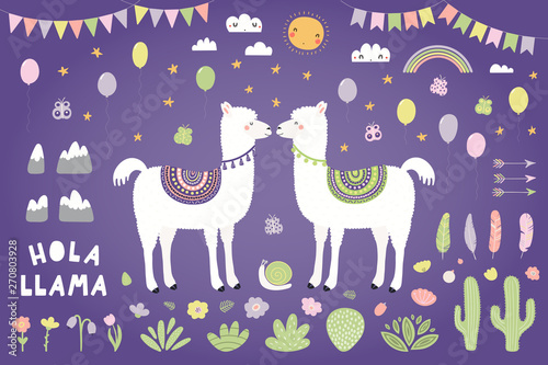 Set of cute llamas, cacti, flowers, plants, bunting, balloons. Isolated objects on violet background. Hand drawn vector illustration. Scandinavian style flat design. Concept for children print.