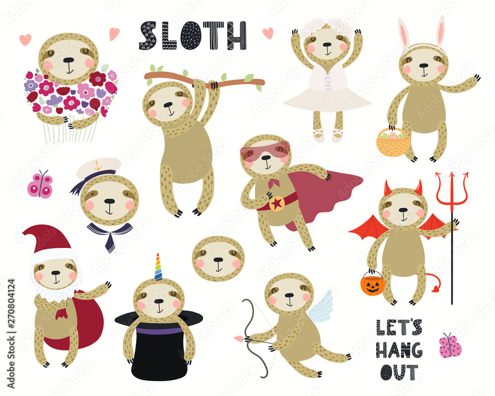 Set of cute sloth illustrations, sailor, superhero, unicorn, Halloween, ballerina. Isolated objects on white background. Hand drawn vector. Scandinavian style flat design. Concept for children print.