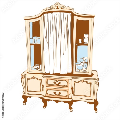 Image of a vintage buffet with dishes inside, which is visible on the shelves through the glass doors, color vector illustration Отправить отзыв