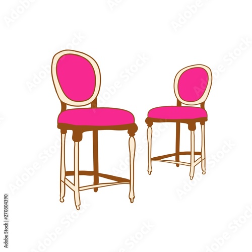 Image of vintage chairs, with soft seats and high legs, color hand-drawn illustration in vector