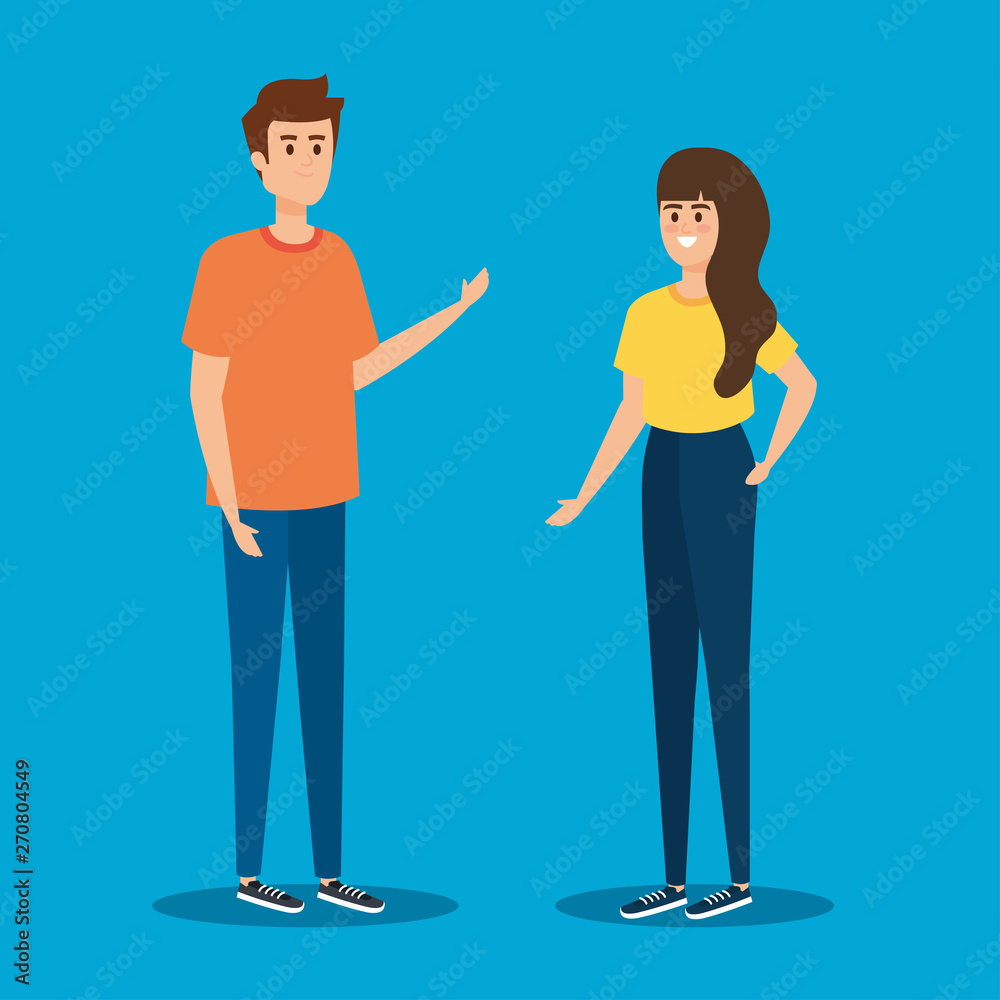 nice woman and man talking with hairstyle and casual clothes nice woman and man talking with hairstyle and casual clothes
