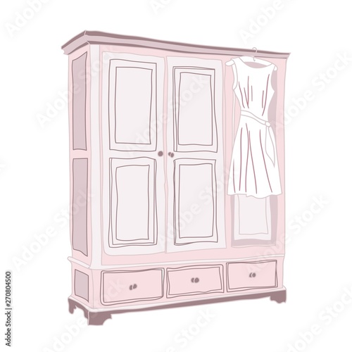 Image of an antique vintage wardrobe and dress hanging on hangers on the closet door, color vector illustration