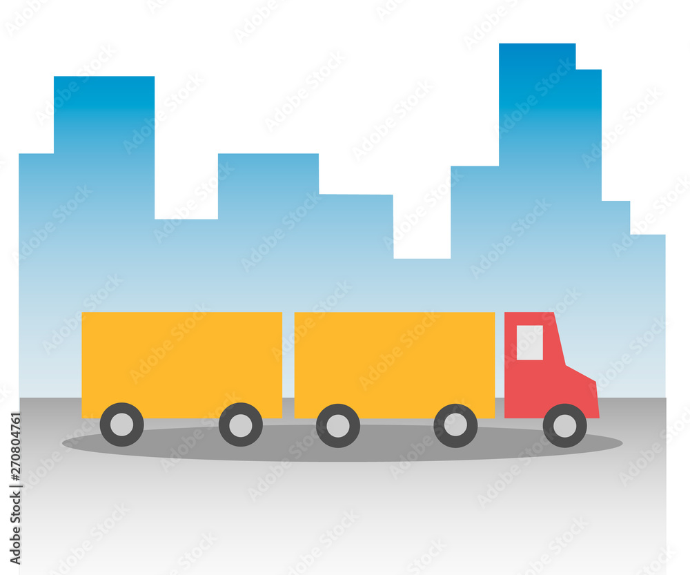 Truck lorry with a red cab and a yellow body and trailer in the background the silhouette of urban skyscrapers city. Under the wheels of the road in the fog.  Vector icon flat simple style.