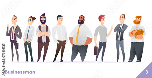 Businessman or people character design collection. Modern cartoon flat style. Young professional males poses.