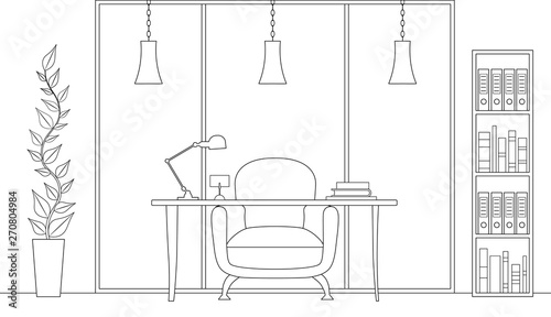 Office interior in outline style . Vector linear illustration. Workplace with table and furniture. Cabinet plan.