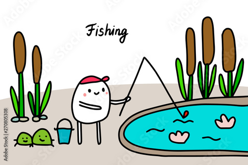 Fishsing hand drawn vector illustration. Cartoon men catching animals in the pool