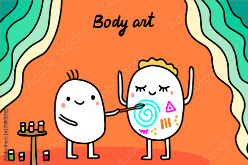 Body art hand drawn vector illustration in cartoon style. Artist and men with drawings on belly