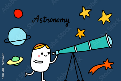 Astronomy hand drawn vector illustration in cartoon style. Men with telescope looking at stars and planets