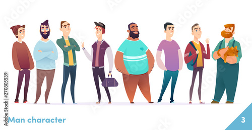 People character design collection. Modern cartoon flat style. Males or manegers stand together. Young professional males poses.