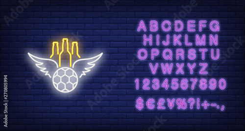 Football with wings and beer bottles neon sign. Soccer, sports bar and advertisement design. Night bright neon sign, colorful billboard, light banner. Vector illustration in neon style.