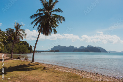 Tropical beach with palms and isles on background. Beautiful lagoon in Philippines. Summer vacation. Asian travel. Resort concept. Calm place for relax. Exotic leisure concept. 