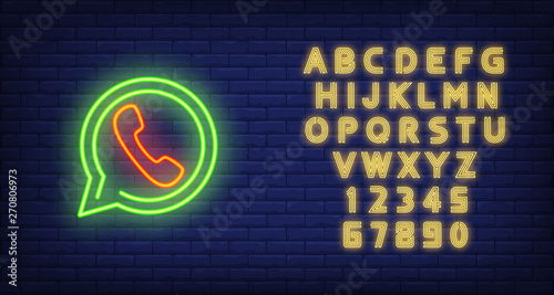 Messenger neon sign. Luminous signboard with red phone in green speech cloud. Night bright advertisement. Vector illustration in neon style for communication and exchanging messages