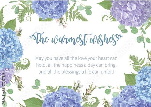 Wedding, watercolor seasonal flower card.Leaves, blooming branches eucalyptus, gaultheria, salal, chamaelaucium, seasonal fern.Blue, purple, of hydrangea. vector design frame.Isolated and editable