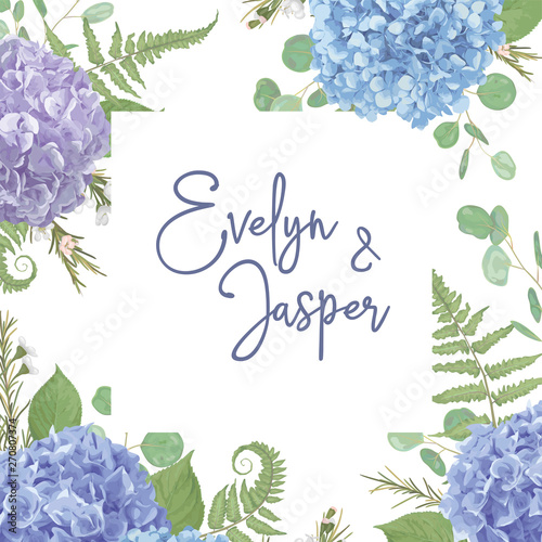 Wedding, watercolor seasonal flower card.Leaves, blooming branches eucalyptus, gaultheria, salal, chamaelaucium, seasonal fern.Blue, purple, of hydrangea. vector design frame.Isolated and editable