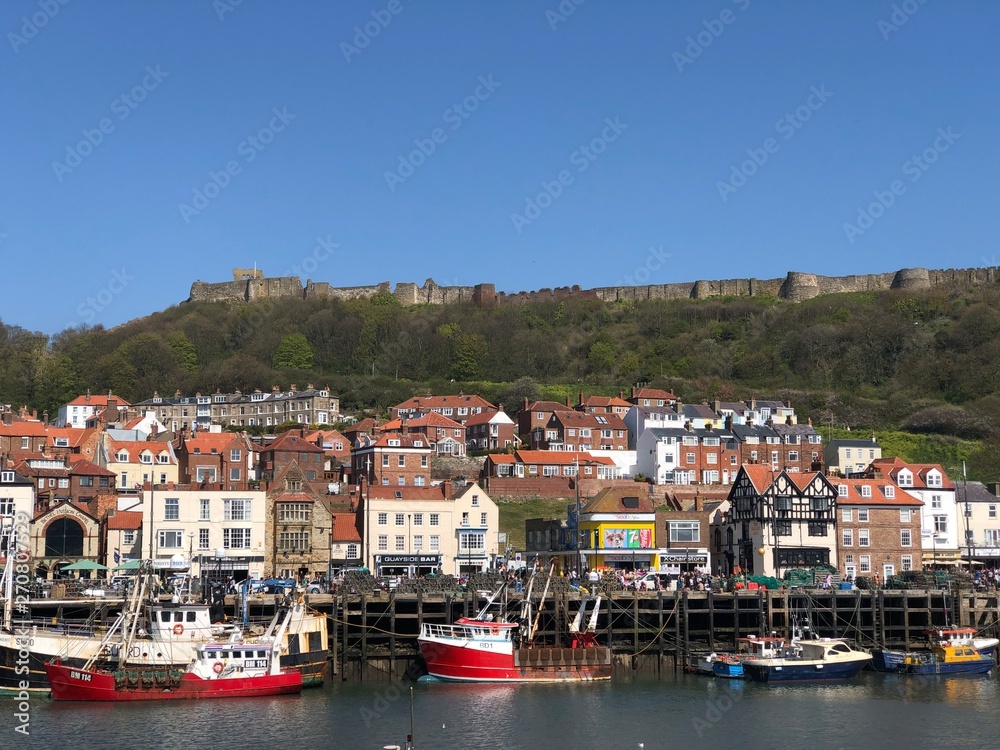 view of Scarborough castle from the harbour