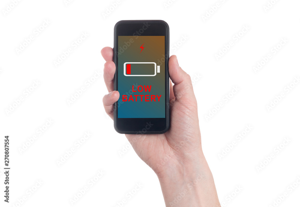 Hand holding black Smartphone with blank screen on white backgroun. Battery charge indicator. Low charging level Battery. Hand holding black Smartphone with blank screen on white backgroun. Battery charge indicator. Low charging level Battery.
