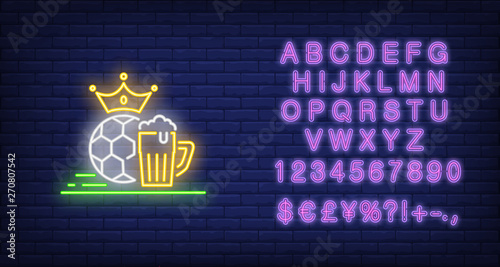 Football with crown and beer mug neon sign. Soccer, sports pub and advertisement design. Night bright neon sign, colorful billboard, light banner. Vector illustration in neon style.