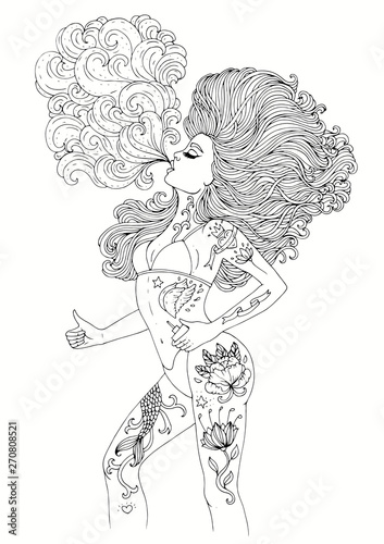 Vector hand drawn in profile young girl with beautiful tattooed body, wavy hair developing in the wind, smoking and blowing a cloud. Patterned coloring page for adults. Design card, print on t-shirt