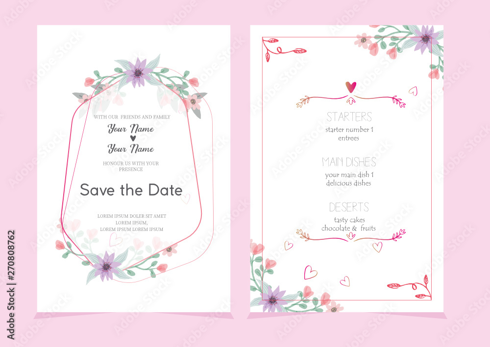 Wedding Invitation, floral invite, save the date card set. Watercolor green tropical leaf, lush greenery, eucalyptus, forest leaves, branches decorative wreath, frame. Elegant & lovely rustic template