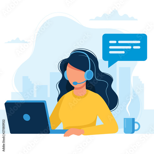 Customer service. Woman with headphones and microphone with laptop. Concept illustration for support, call center. photo