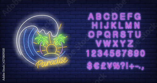 Paradise neon text with ocean wave, palm trees and sun. Summer, tourism and vacation design. Night bright neon sign, colorful billboard, light banner. Vector illustration in neon style.