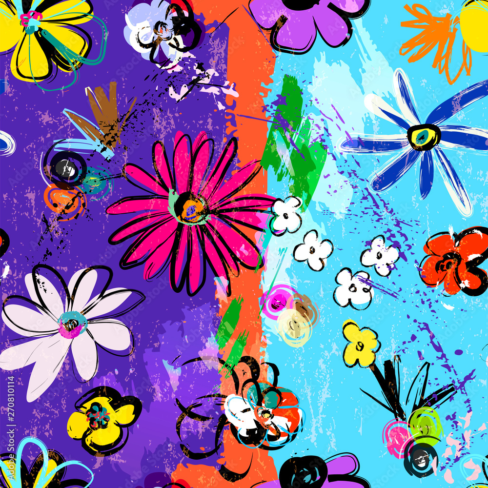 abstract background composition, with paint strokes, splashes and flowers, seamless