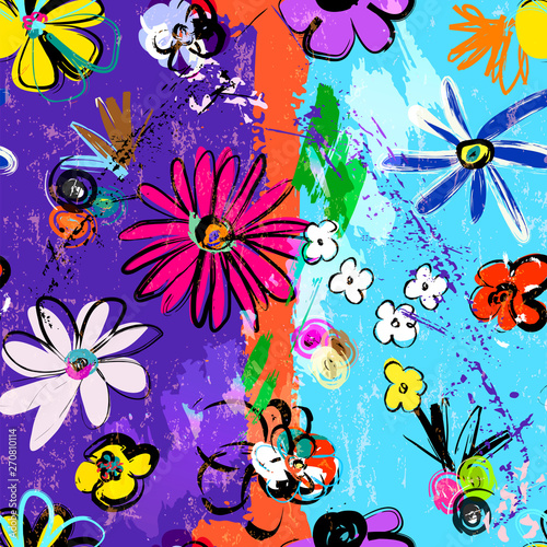 abstract background composition  with paint strokes  splashes and flowers  seamless