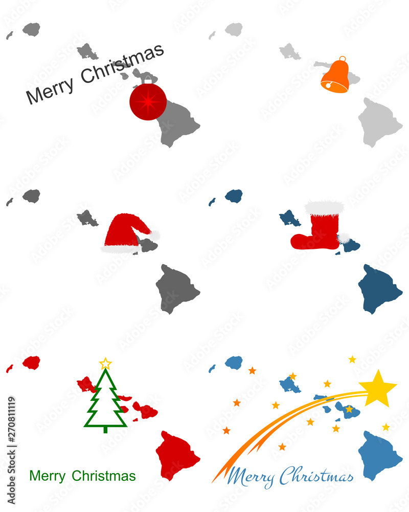 Karten von Hawaii mit Weihnachtssymbolen