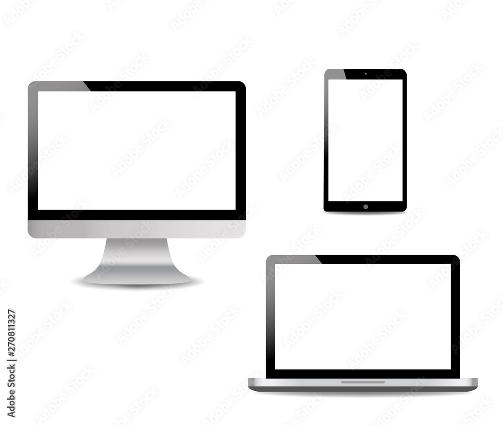 Realistic Computer, Laptop, touch tablet in mockup style. Modern devices on isolated background. Vector eps10 Realistic Computer, Laptop, touch tablet in mockup style. Modern devices on isolated background. Vector eps10