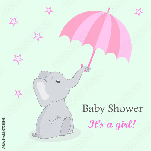 Invitation card baby shower with elephant for girl. Cute elephant with an umbrella on a turquoise background with stars. Birthday greetings card with flat elephant. vector EPS10