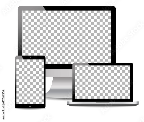 Realistic Computer, Laptop, touch tablet in mockup style. Modern devices on isolated background. Vector eps10