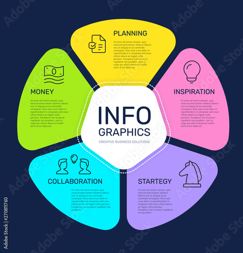 Vector infographic circle pie chart template with 5 steps, parts, options, sectors, stages on dark theme background