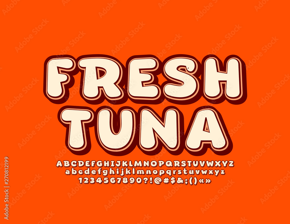 Vector trendy sign Fresh Tuna with vintage style Font. Retro Alphabet Letters, Numbers and Symbols