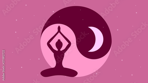 Yoga pose on the pink starry sky background vector illustration