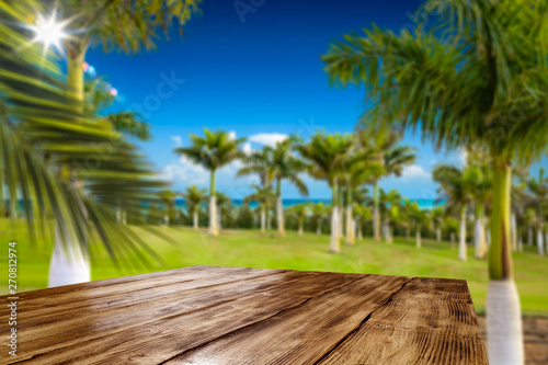 Wooden table background of free space and green palms background. Sea landscape and blue sky. 