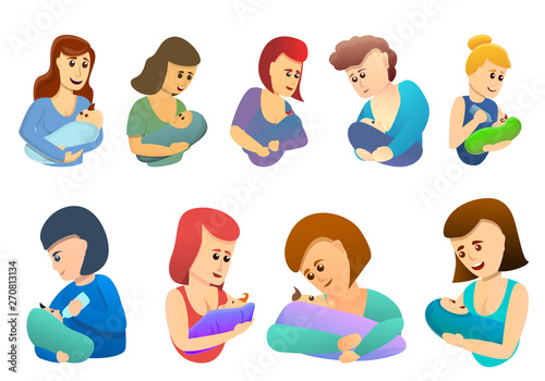 Breastfeeding icons set. Cartoon set of breastfeeding vector icons for web design