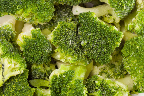 frozen green broccoli top view background. Top view, flat lay, copy space