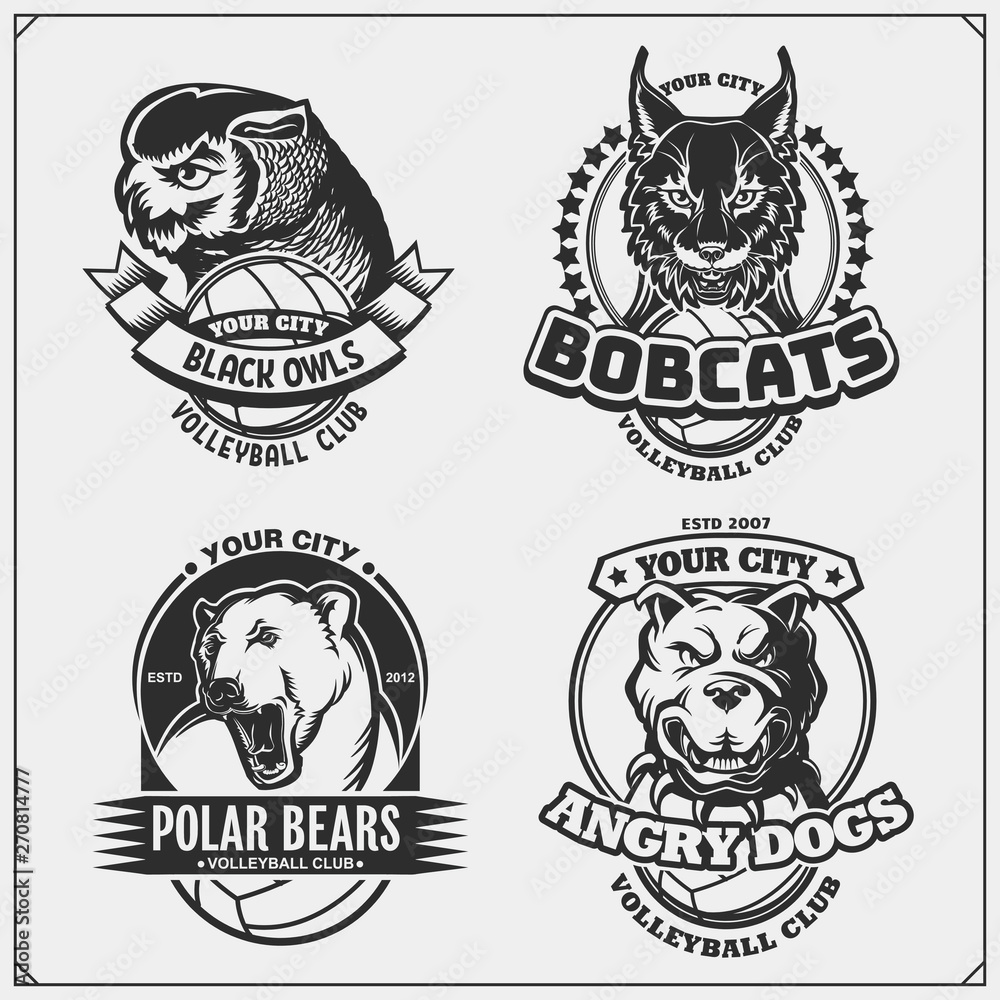 Naklejka premium Sef of volleyball badges, labels and design elements. Sport club emblems with pitbull, owl, bobcat and polar bear. Print design for t-shirts.