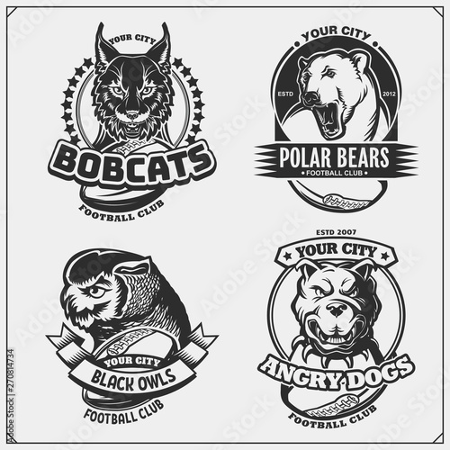 Football badges, labels and design elements. Sport club emblems with polar bear, bobcat, pitbull and owl.
