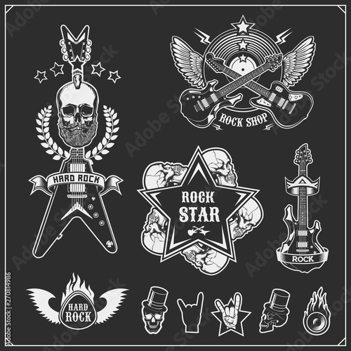 Rock'n'Roll music symbols, labels, logos and design elements. Print design for t-shirts.