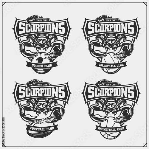 Volleyball, basketball, soccer and football logos and labels. Sport club emblems with scorpion. Print design for t-shirts.