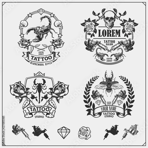 Vector set of tattoo salon labels, badges and design elements. Tattoo studio emblems with professional equipment, scorpion, beetle and skull. Print design for t-shirt.