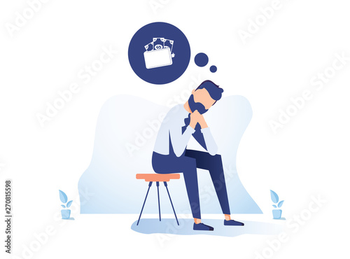 Money problem Financial Trouble Flat Illustration. Depressed Businessman in Need Cartoon Character. Economic Crisis