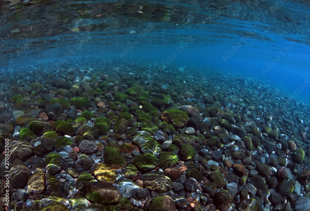 Underwater background. Clear blue ocean. Half water, split. Diving, snorkeling, swimming. Tulamben, Bali, Indonesia.