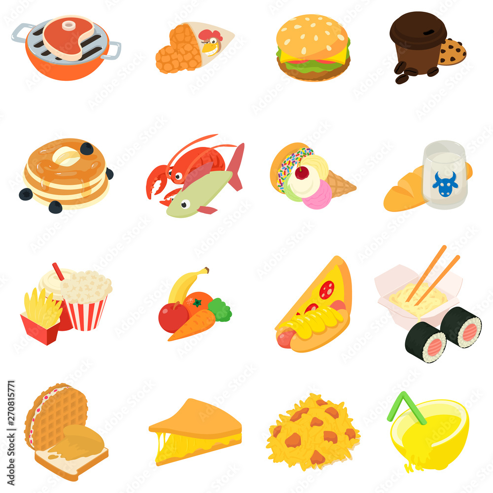 Variety of food icons set. Isometric set of 16 variety of food vector icons for web isolated on white background Variety of food icons set. Isometric set of 16 variety of food vector icons for web isolated on white background