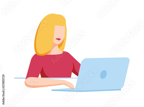 Cute teenage girl sitting at laptop computer and studying hard isolated on white background. Female student, schoolgirl