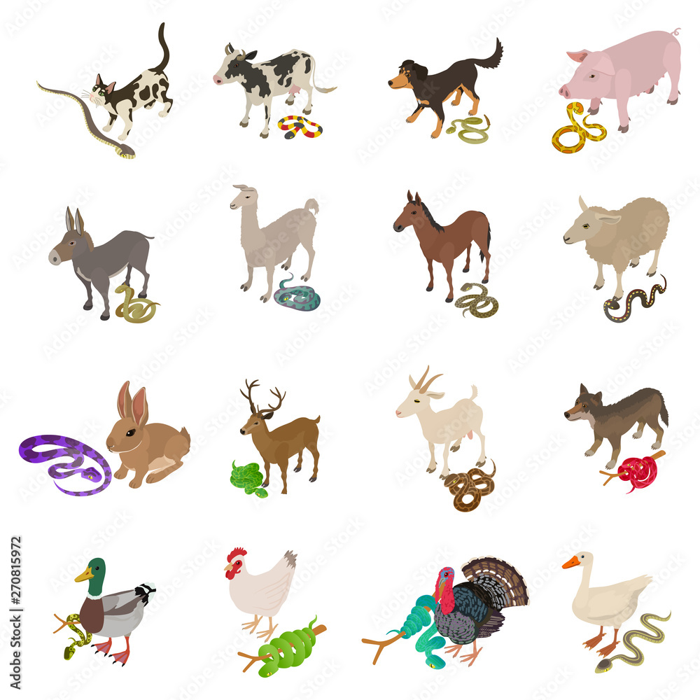 Threat snake icons set. Isometric set of 16 threat snake vector icons for web isolated on white background Threat snake icons set. Isometric set of 16 threat snake vector icons for web isolated on white background