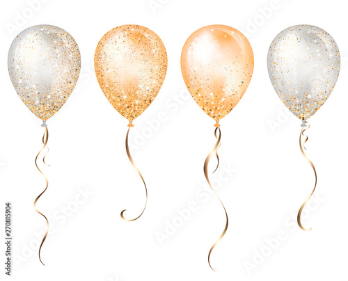 Flying glossy white and yellow shiny realistic 3D helium balloons with gold ribbon and glitter sparkles, perfect decoration for birthday party brochures, invitation card or baby shower