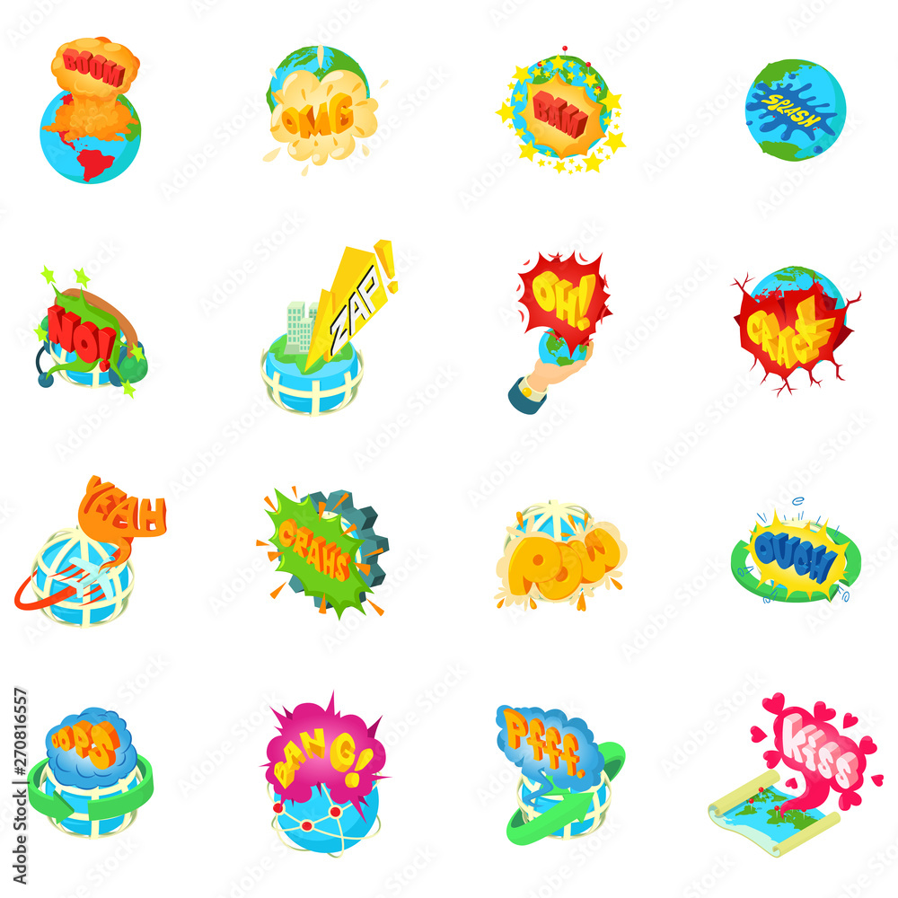Obraz premium Troubled earth icons set. Isometric set of 16 troubled earth vector icons for web isolated on white background