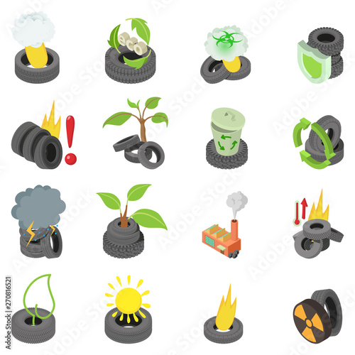 Tire contamination icons set. Isometric set of 16 tire contamination vector icons for web isolated on white background